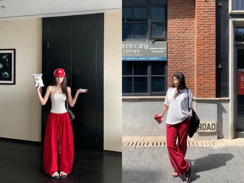 quần màu đỏ phối với áo màu trắng