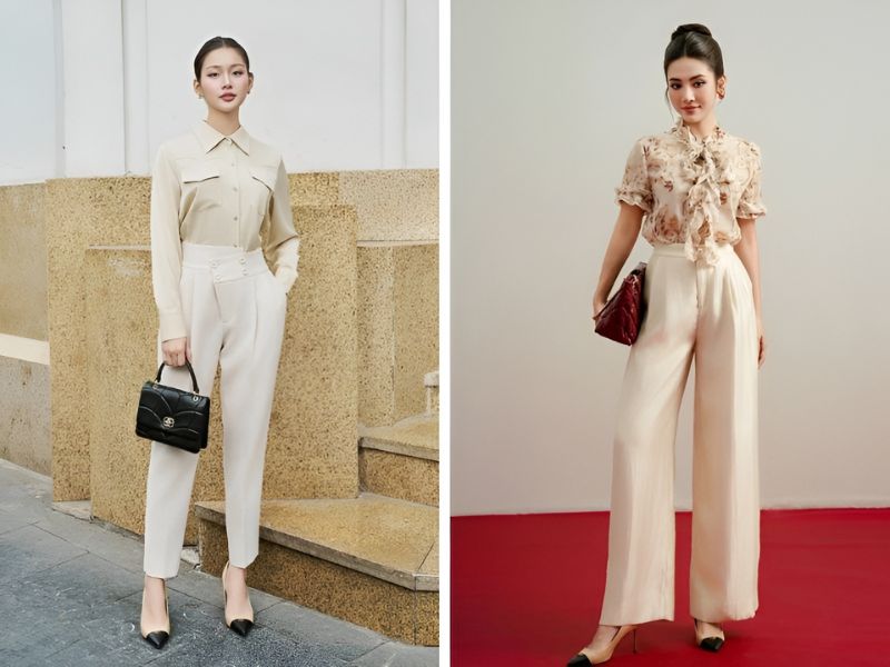 Áo sơ mi màu be phối cùng quần ống suông màu kem