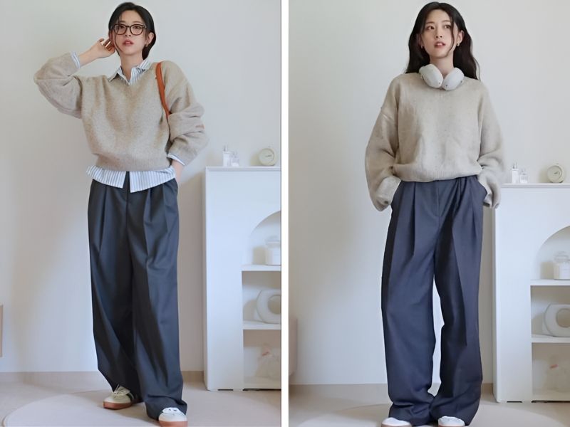 Phối áo len màu be cùng với quần tây màu xám đậm