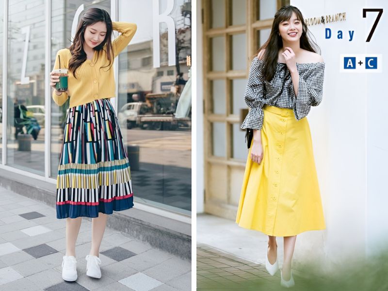 Phối item màu vàng chanh và item họa tiết 