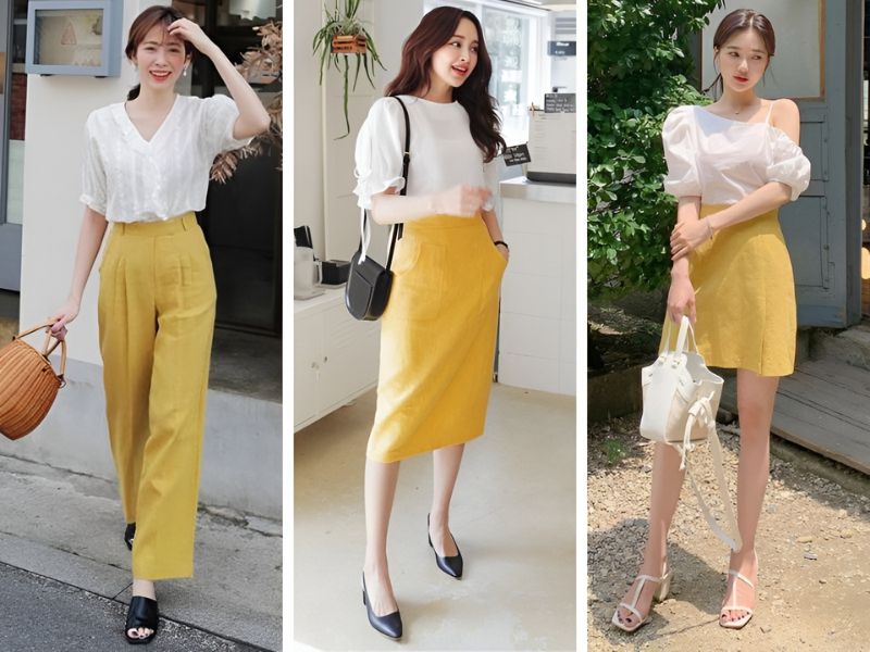 Phối áo kiểu màu trắng và chân váy hoặc quần màu chanh vàng