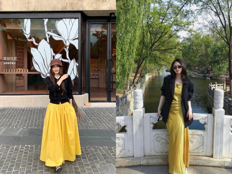 Chiếc chân váy vàng phối với màu đen