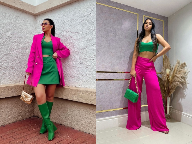 phối đồ tương phản giữa hồng và xanh lá 