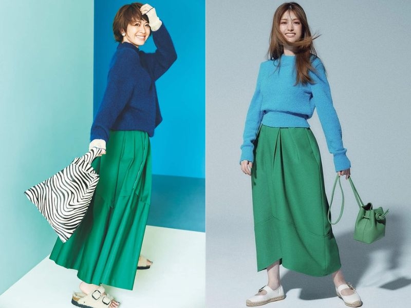 Váy xanh lá và áo sweater dương đậm
