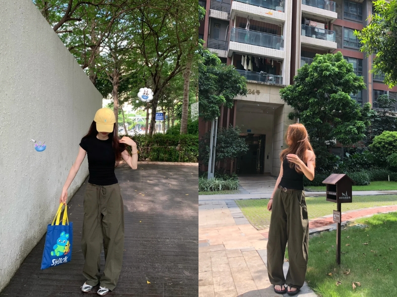 Quần xanh rêu mix áo đen