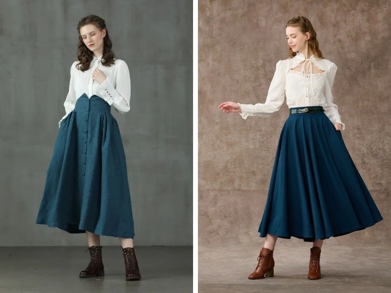 Cách phối sơ mi trắng và váy xanh cổ vịt