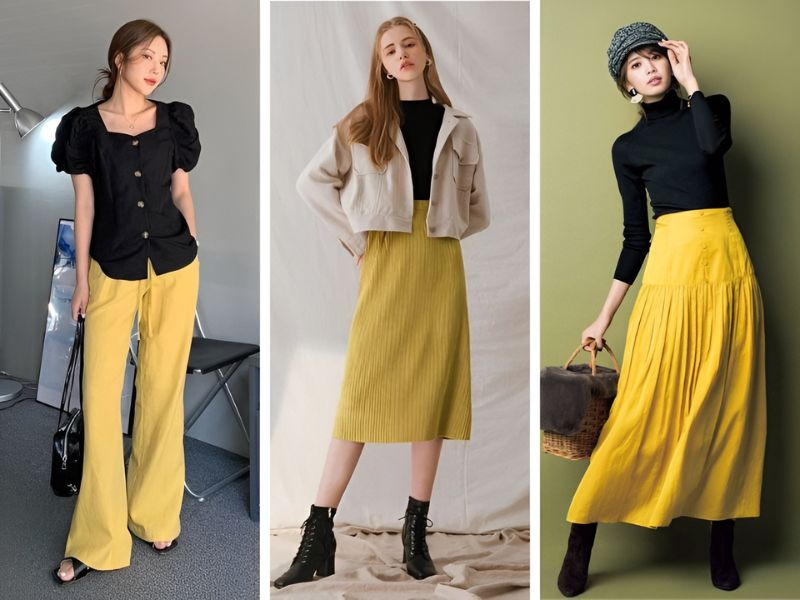 Phối áo đen với chân váy hoặc quần màu vàng chanh 