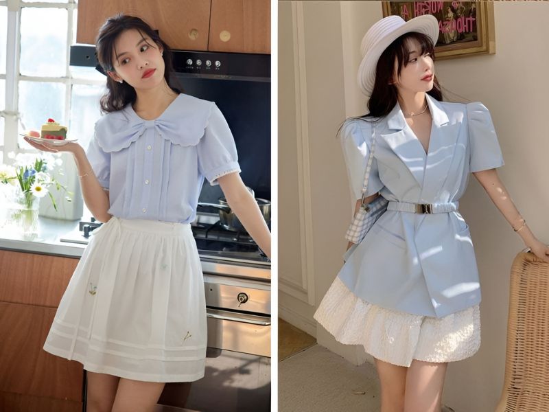 Phối áo màu xanh dương pastel với chân váy màu trắng 