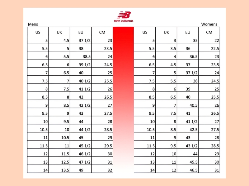 Bảng size giày new balance