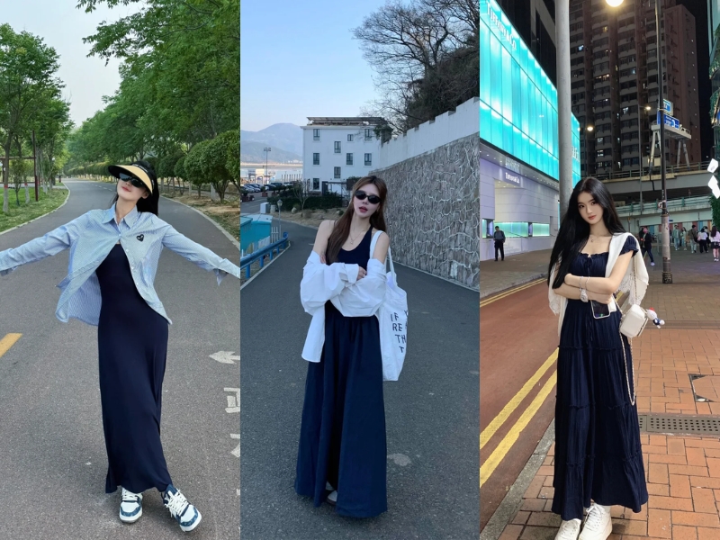 Váy xanh than phối áo nhẹ nhàng
