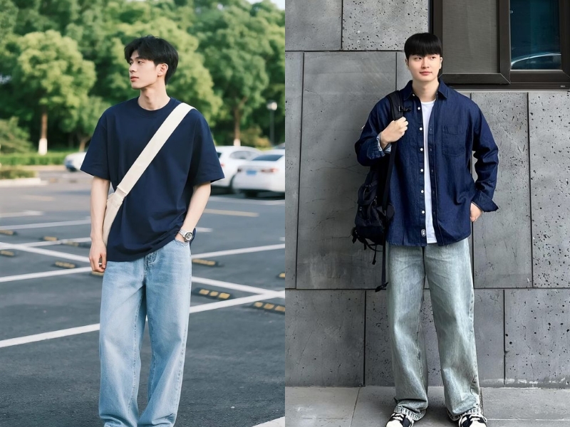 combo áo thun xanh dương đậm phối cùng quần jeans xanh nhạt 