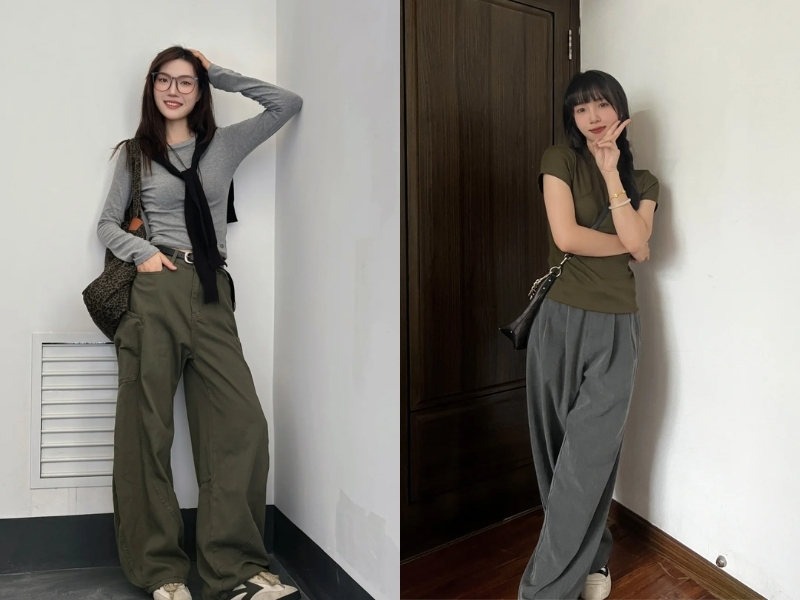 Phối đồ màu xanh rêu với màu xám