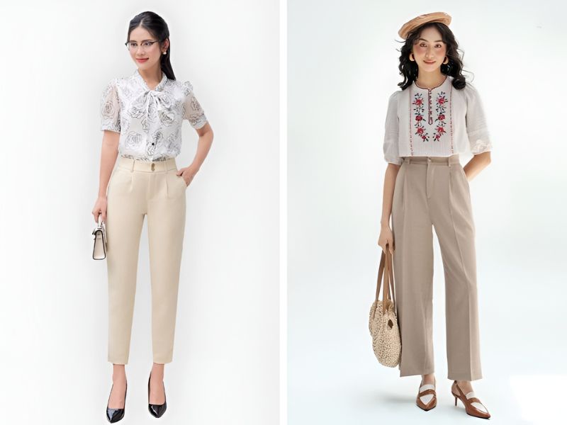 Phối quần màu be với áo họa tiết