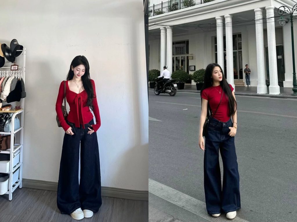Sự kết hợp giữa đỏ đô và xanh jean đậm