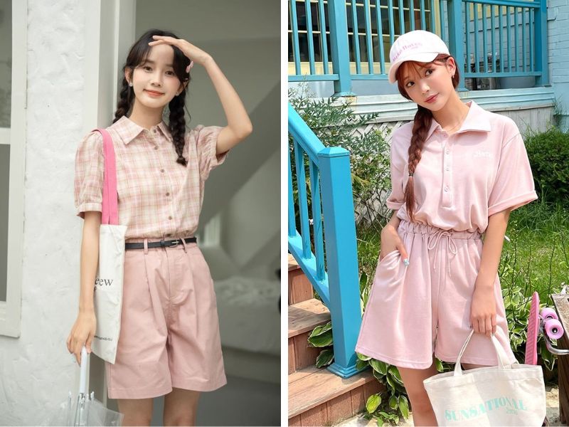 Phối đồ áo hồng với quần short hồng 