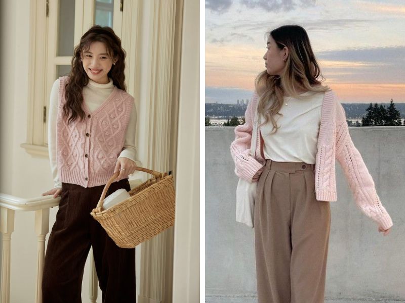 Phối áo chất len màu hồng và quần nâu 