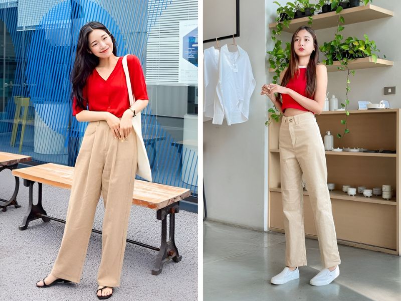 Phối áo màu đỏ và quần màu be