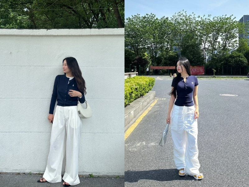 Quần trắng mix cùng áo xanh than 