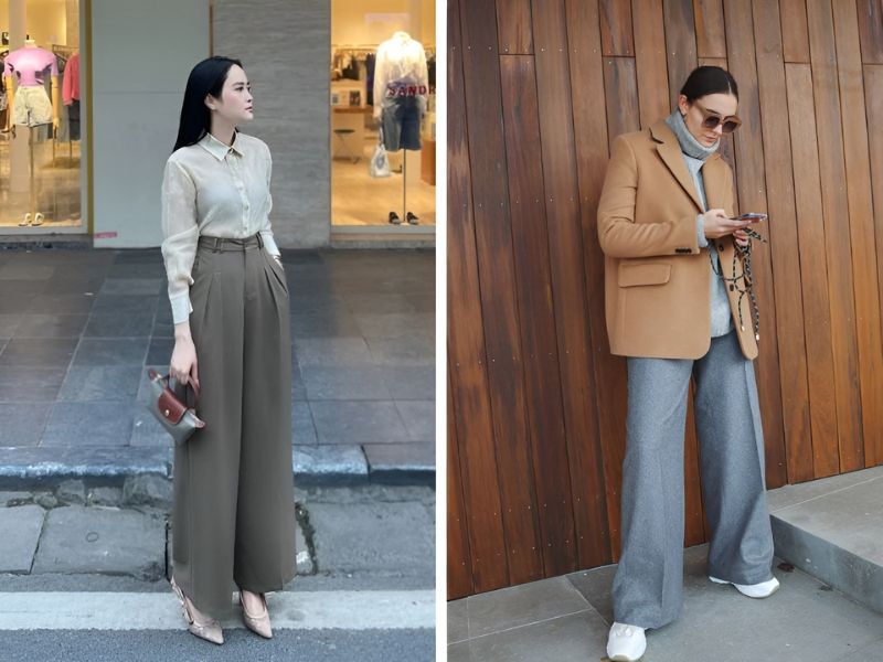 Phối áo màu be với quần ống rộng màu xám đậm