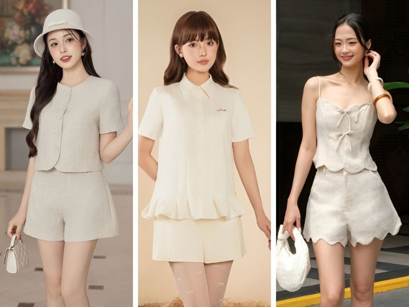 Set áo phối short màu be