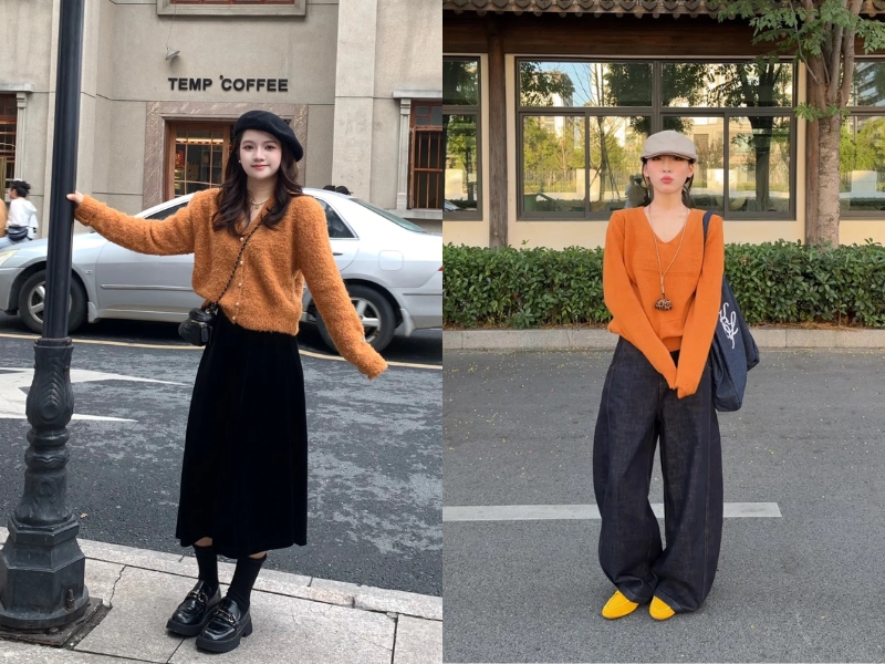 Áo cam đất kết hợp chân váy hoặc quần đen