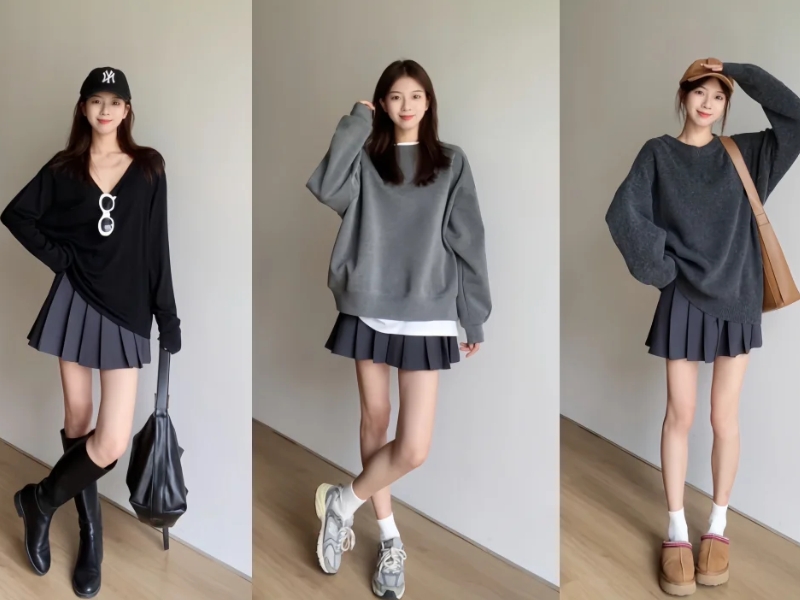 Chân váy ngắn xám mix cùng gam màu trẻ trung