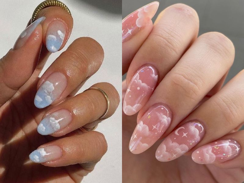 nail sơn thạch đám mây xanh và hồng
