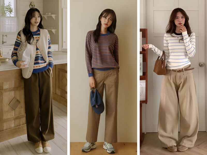 Phối quần nâu và áo sọc