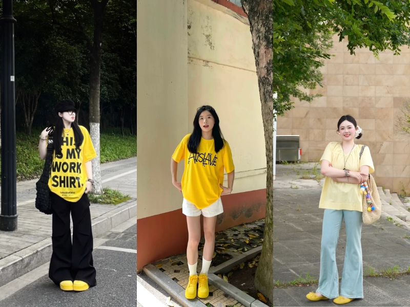 Outfit năng động với áo thun vàng và quần basic