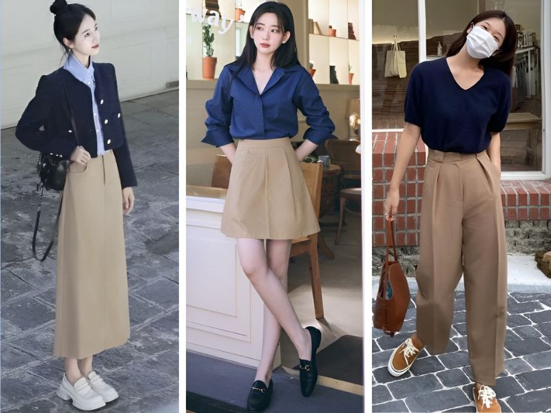 Phối áo xanh dương với chân váy và quần kaki 