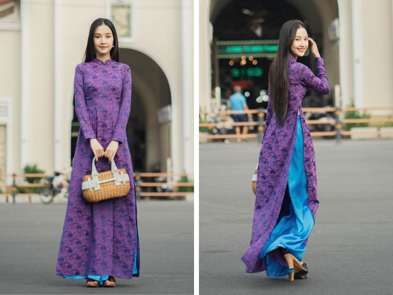 Áo dài tím mặc với quần màu xanh dương