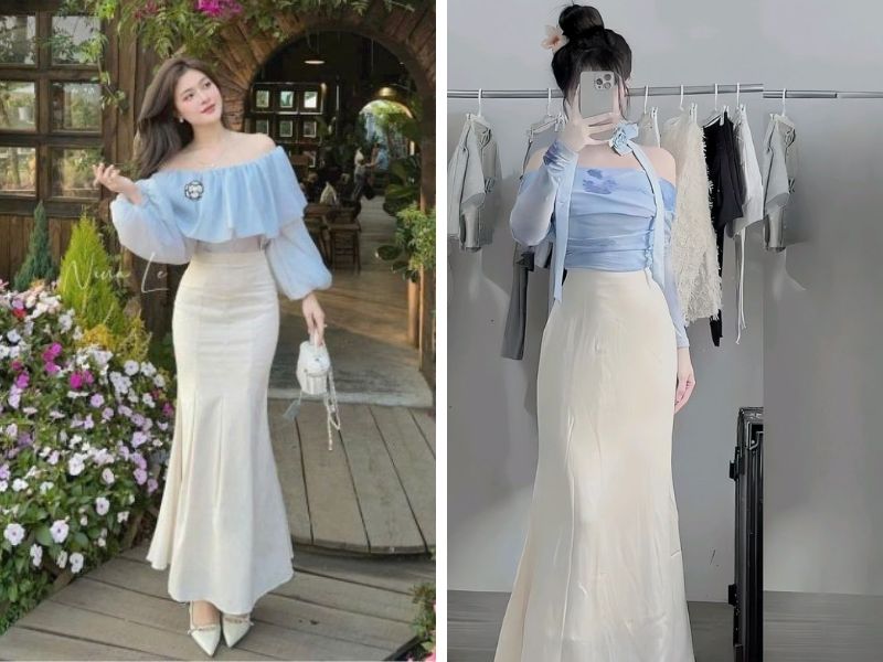 áo trễ vai và chân váy đuôi cá