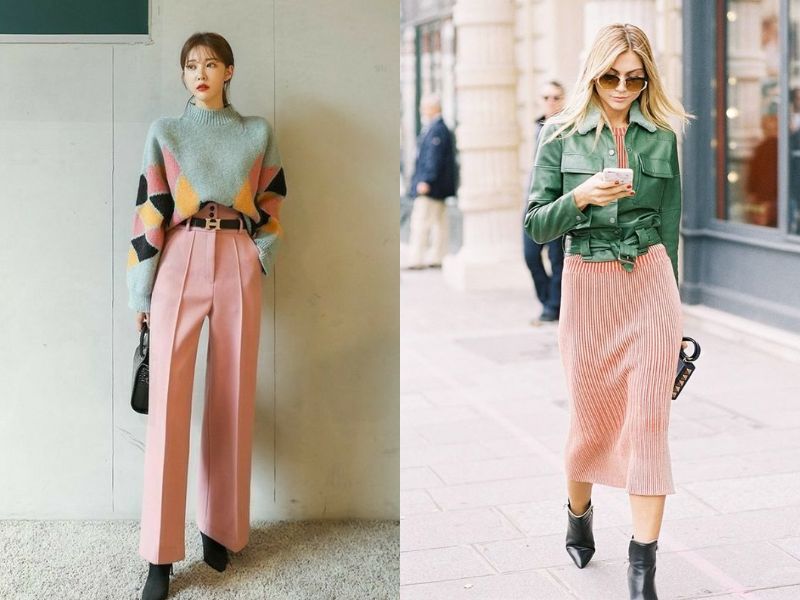 phối đồ màu xanh lục với màu hồng pastel