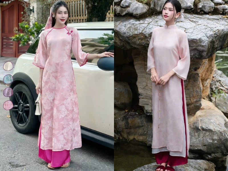 Outfit áo dài hồng đi cùng quần hồng đậm