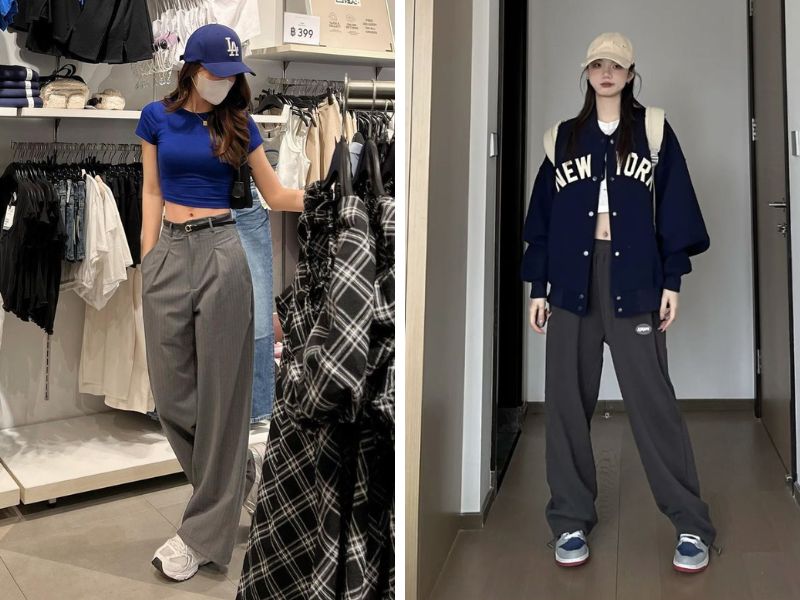 croptop và quần cạp cao áo bomber