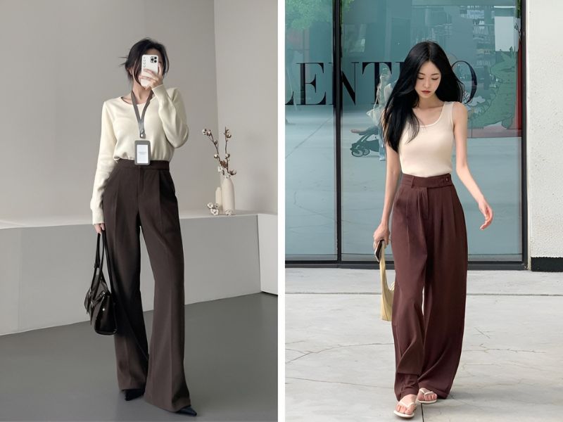 Phối áo màu kem và quần màu nâu