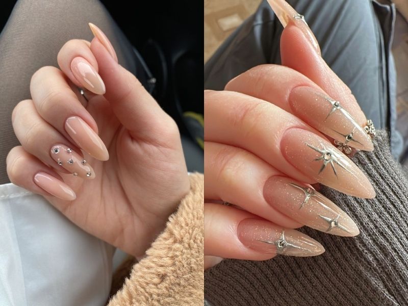 nail màu nude dài đính đá