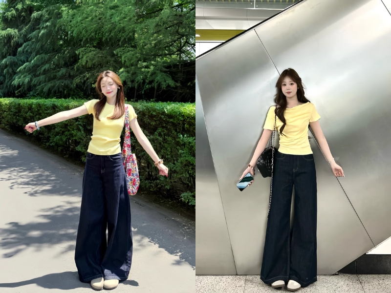 Áo vàng kết hợp quần đen