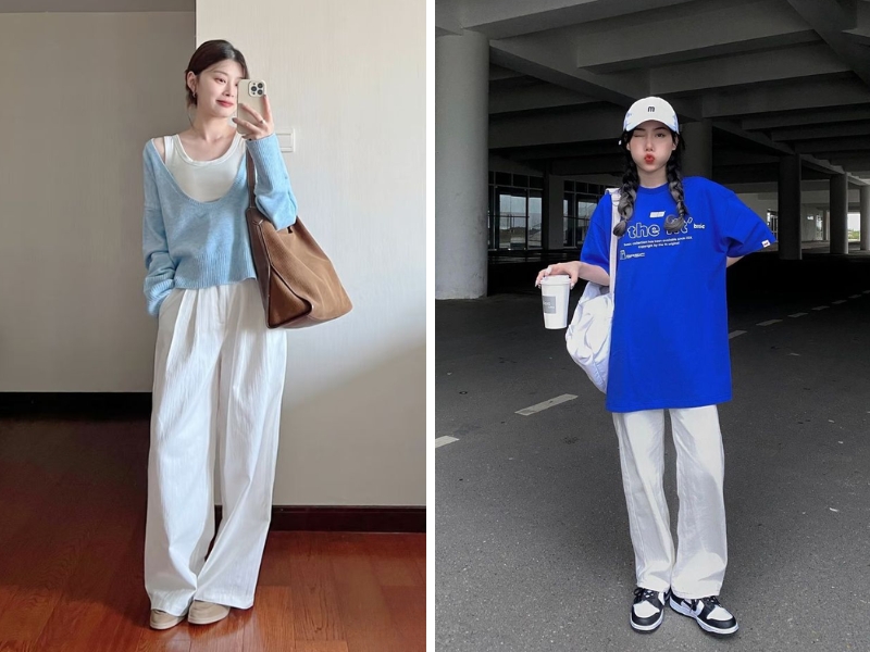 Áo xanh dương mặc quần trắng nữ