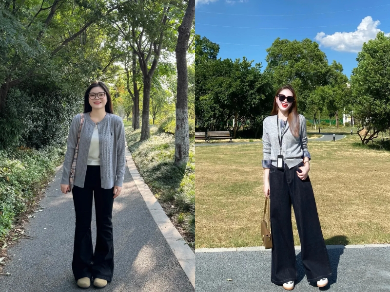 Outfit áo xám và quần đen