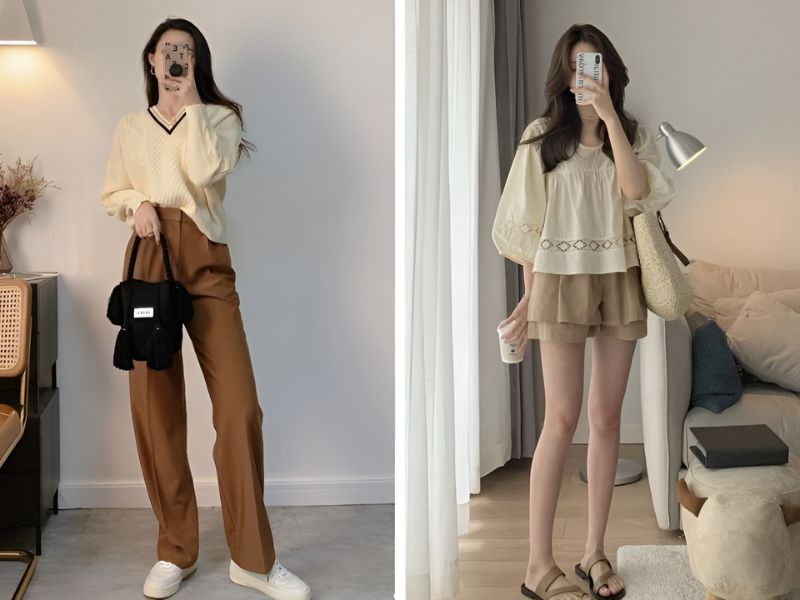 Phối đồ quần nâu áo kem theo mùa