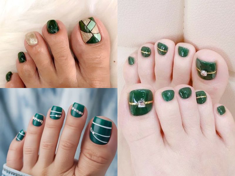 móng chân xanh rêu họa tiết kẻ sọc