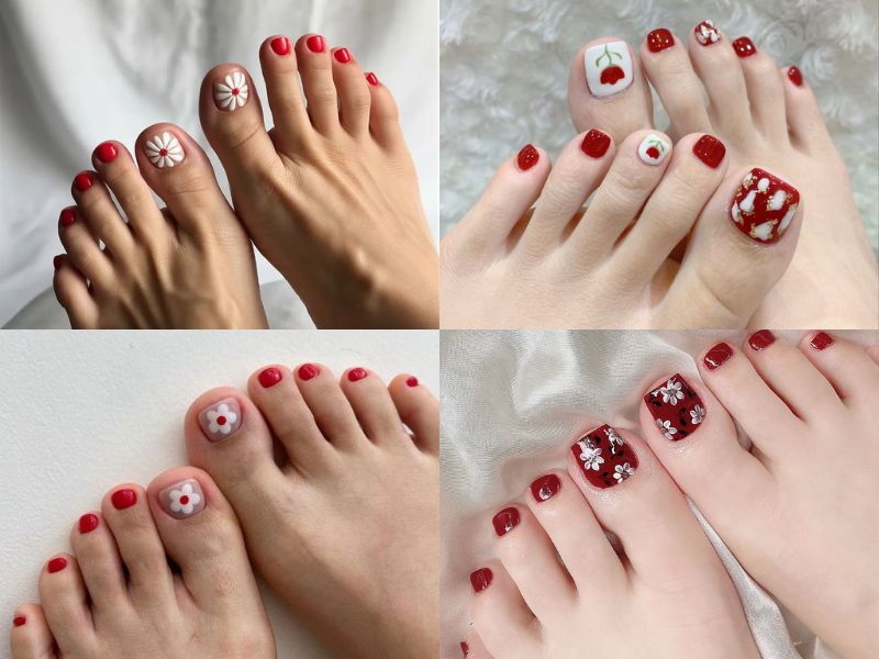 nail màu đỏ vẽ hoa