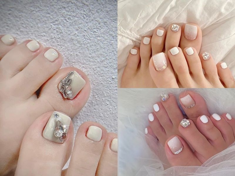 nail chân đính đá màu trắng