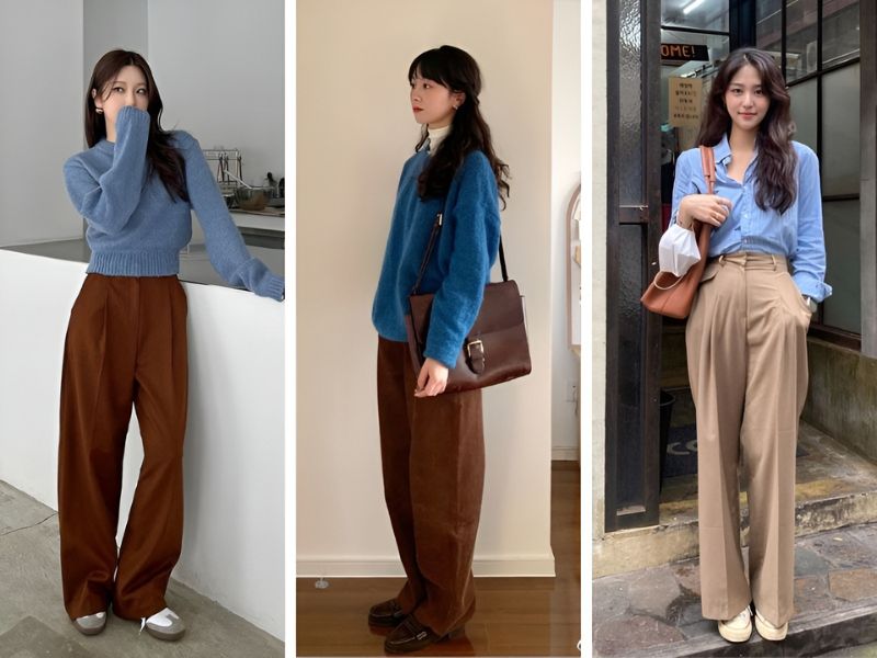 Phối áo màu xanh dương và quần màu nâu cho mùa thu đông