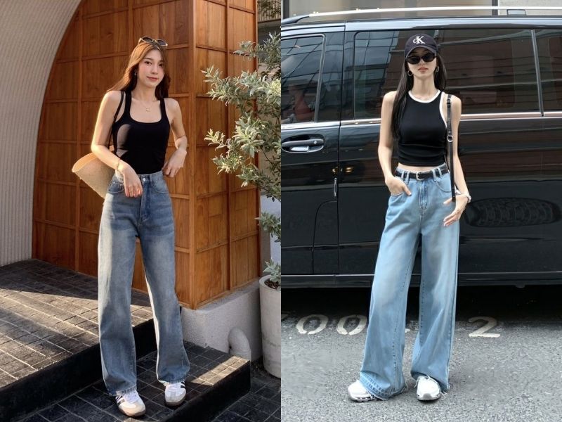 Tank top mặc với quần jeans cạp cao ống rộng