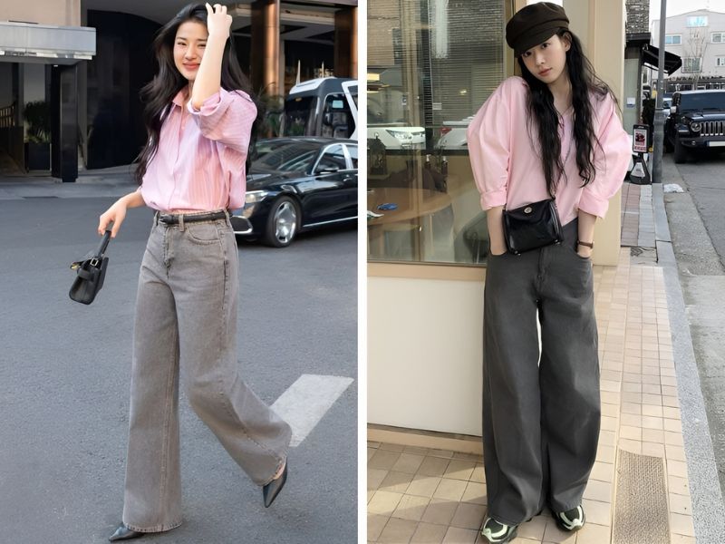 Phối áo sơ mi hồng và quần jean xám