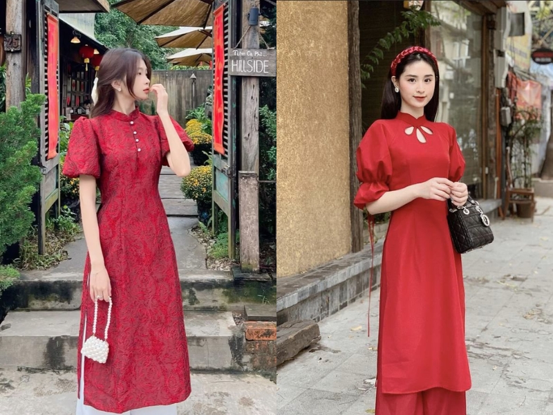 Áo dài đỏ tay phồng