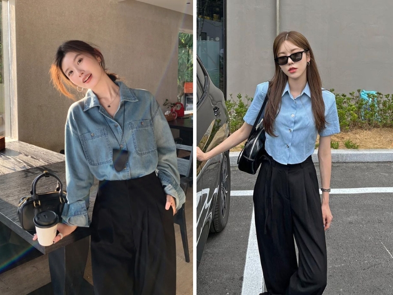 Áo thun xanh dương mặc với quần đen dành cho nữ