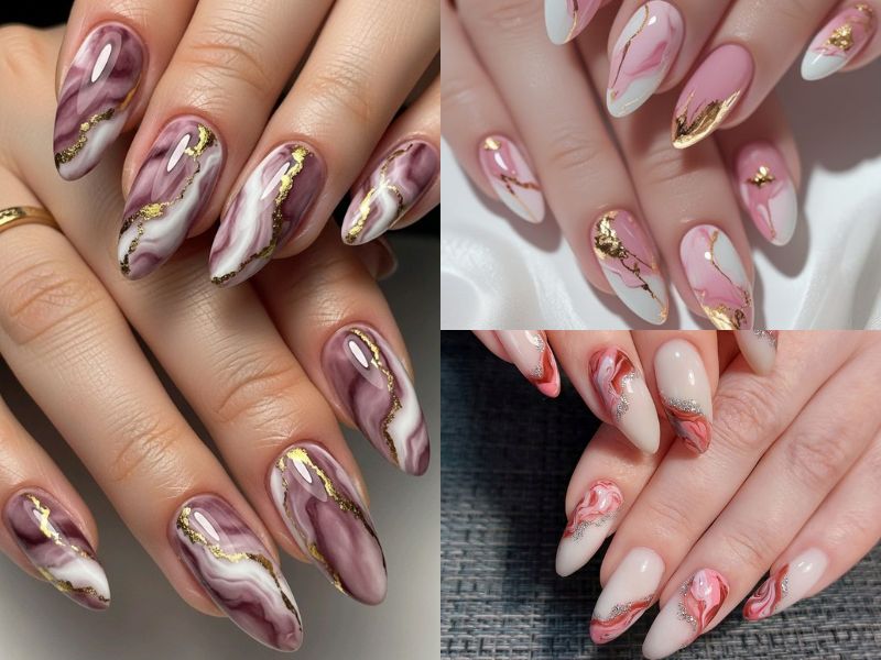nail vân đá màu hồng
